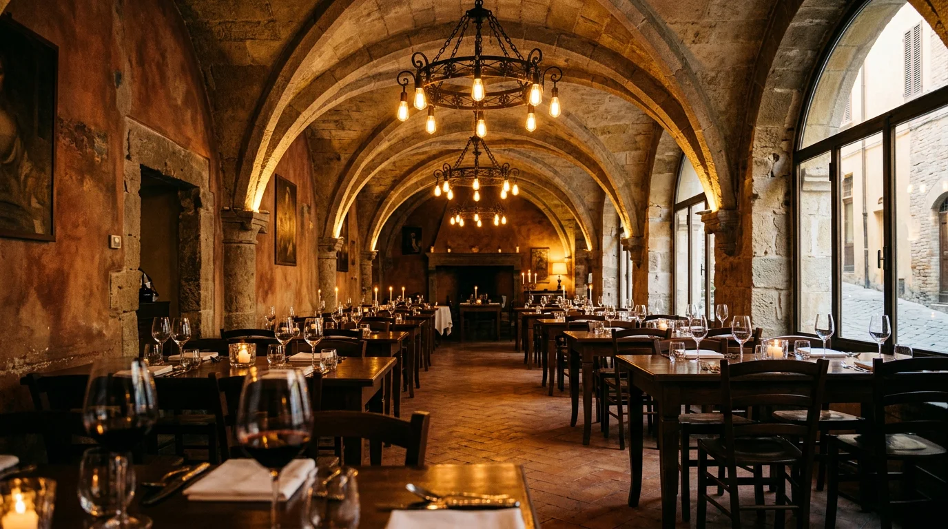 Salón principal de La Volta con bóveda de piedra y luz de velas
